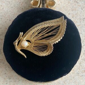Vintage Coro Gold Tone Cicada Brooch Faux Pearl Openwork Wing Insect Pin